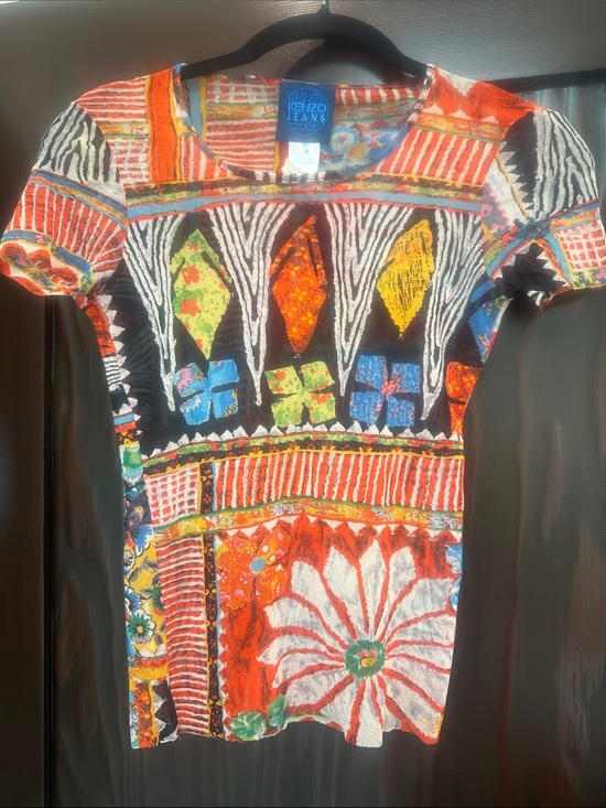 Kenzo Dresses & Skirts - Vintage 90s Kenzo Jeans Mesh Patchwork Print Top - Vibrant Graphic & Floral